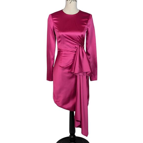 Mac Duggal Asymmetrical Draped Long Sleeve Mini Dress Magenta Size 2 - Picture 3 of 16